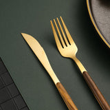 5 Pieces Stainless Steel Flatware Set with Brown Wood Handle-Head Details