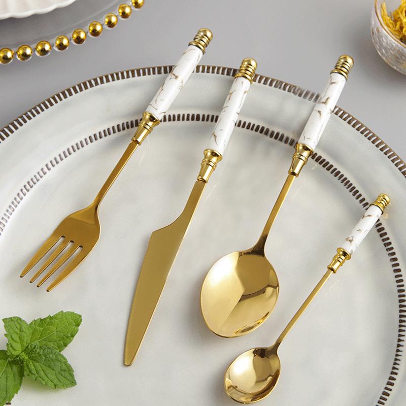 White Gold Stainless Steel Flatware Set with Marble Handle 24 Pieces