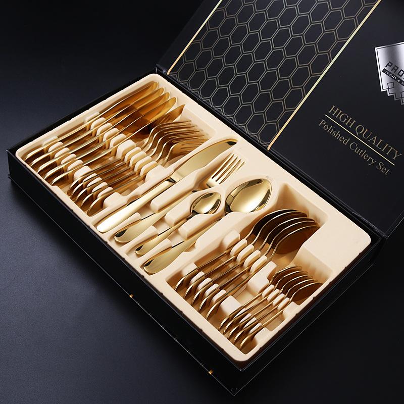 24 Pieces Bright Gold Stainless Steel Flatware Set in Gift Box