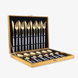 24 Pieces White Gold Stainless Steel Flatware Set in Wooden Box