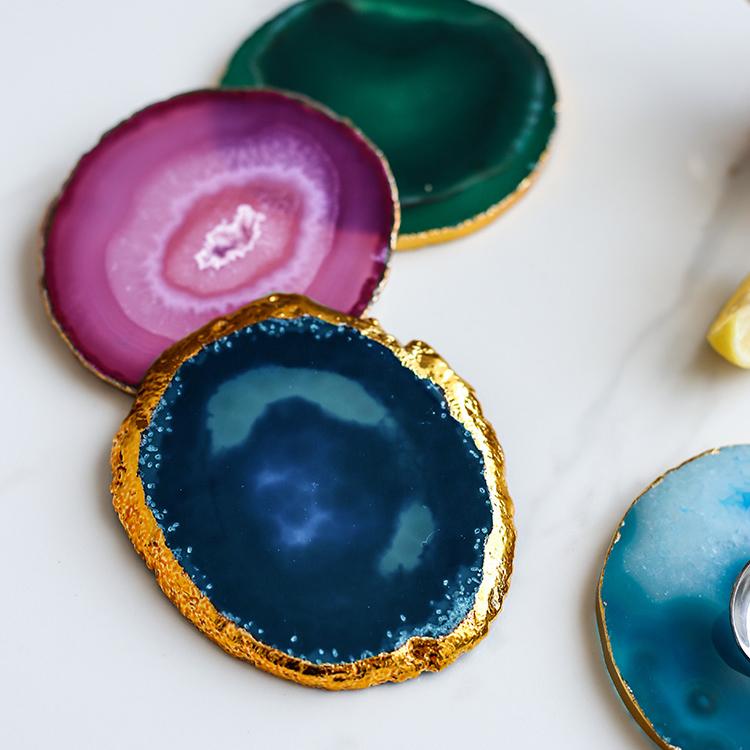 Agate Coasters with Gold Edge, Set of 4-Blue-Pink-Green