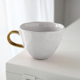 Hammered White Gray Porcelain Coffee Mug with Gold Handle