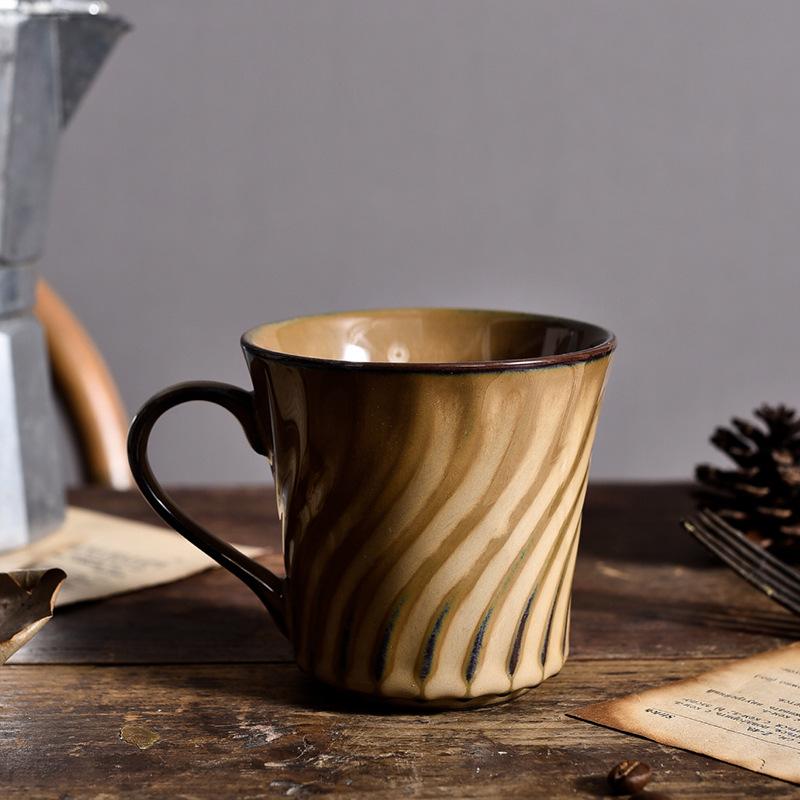 Bronze Pottery Coffee Mug with Curved Stripes