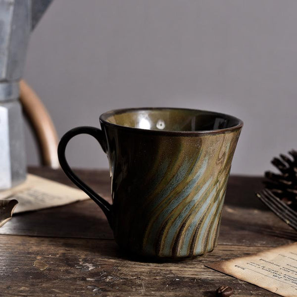 Green Brown Pottery Coffee Mug with Curved Stripes