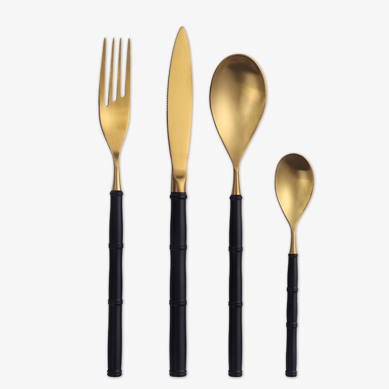 4 Pieces Black Gold Stainless Steel Flatware Set with Bamboo-shaped Handle