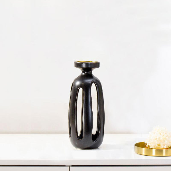 Vase-shaped Hollow Black Porcelain Candle Holder