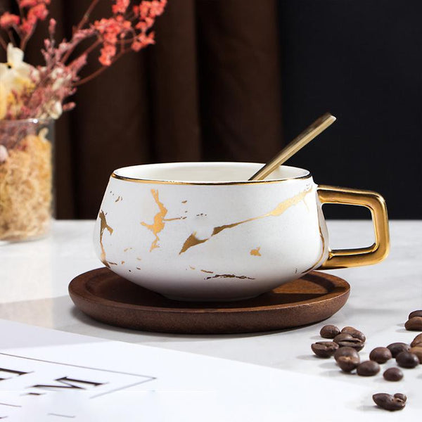 White Gold Ceramic Teacup with Wooden Tray