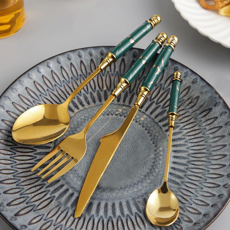 Green Gold Stainless Steel Flatware Set with Marble Handle 24 Pieces-Details