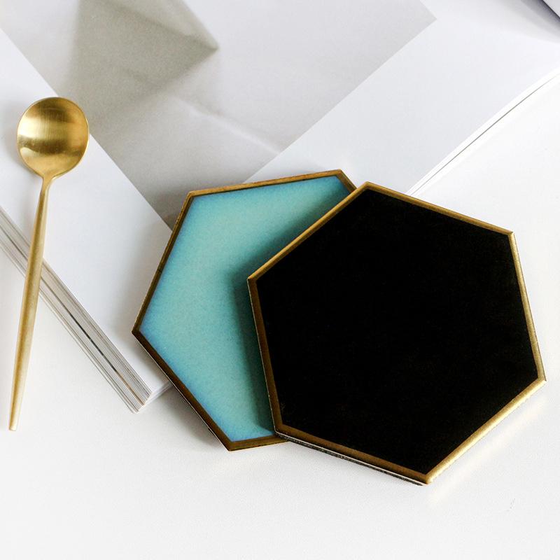 Hexagon Ceramic Coasters with Gold Edge, Set of 4-Black-Turquoise