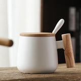 Matte WhitCeramic Coffee Mug with Wooden Handle and Lid