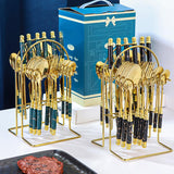 Gold Stainless Steel Flatware Set with Marble Handle 24 Pieces-Sets Details