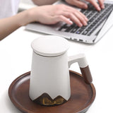 White Ceramic Coffee Mug with Wooden Handle-Use Scene