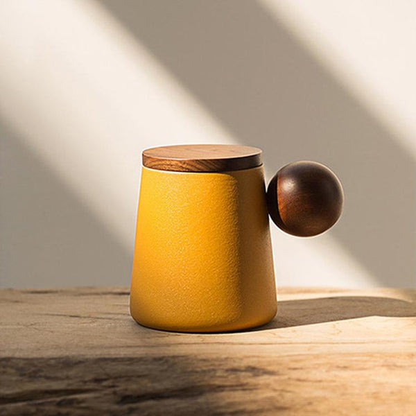 Stoneware Coffee Mug with Wooden Lid and Spherical Handle-12 oz.