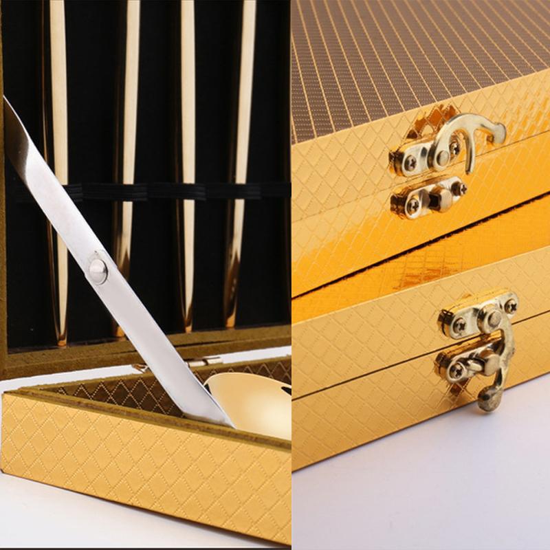 24 Pieces Gold Stainless Steel Flatware Set in Wooden Box-Box Details