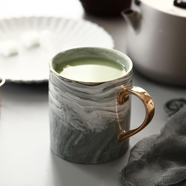 Marble Gray Porcelain Coffee Mug with Gold Handle