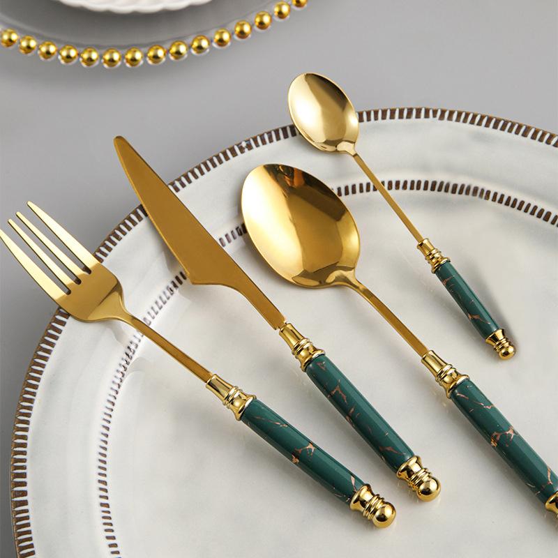 Green Gold Stainless Steel Flatware Set with Marble Handle 24 Pieces