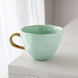 Hammered Green Porcelain Coffee Mug with Gold Handle