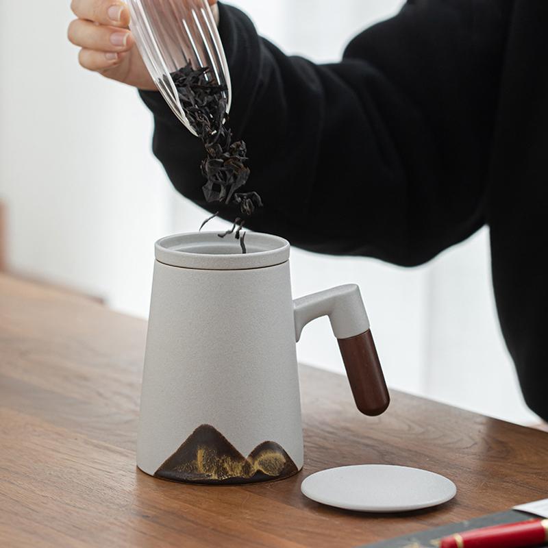 White Ceramic Coffee Mug with Wooden Handle-Scene Details