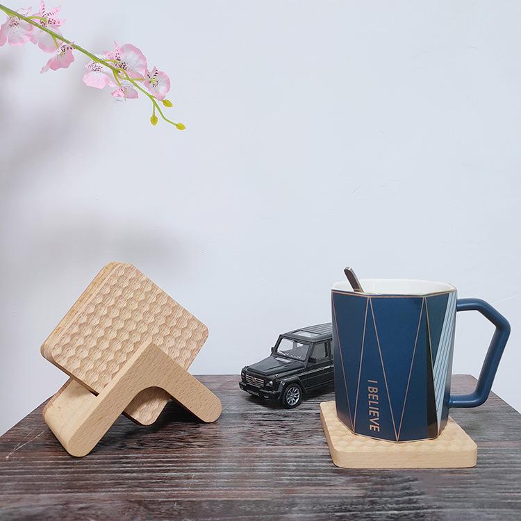 Wood  Honeycomb Coasters with Holder, Set of 4-Square-Beige