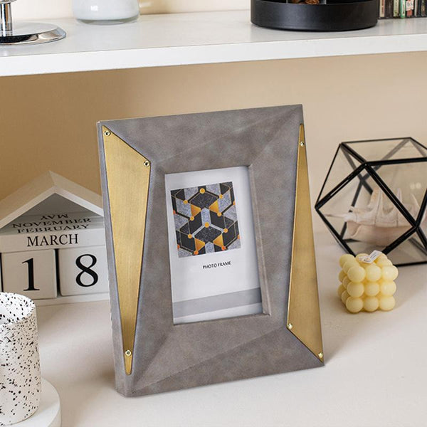 Gray Leather and Gold Metal Picture Frame