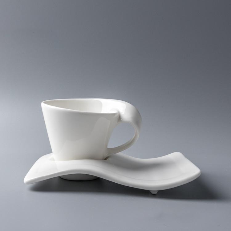 Pure White Ceramic Espresso Teacup with Wavy Dessert Tray-Details