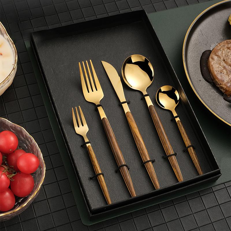 5 Pieces Stainless Steel Flatware Set with Brown Wood Handle-Package Details