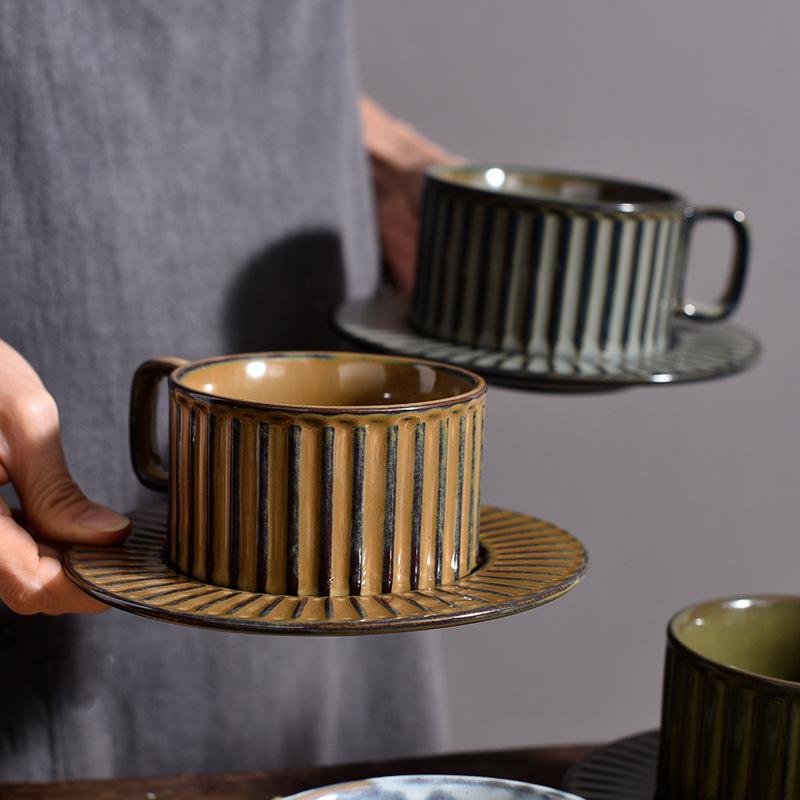 Classic Brown Gray Round Stripe Stoneware Teacup