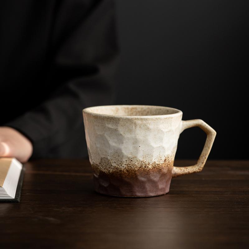 Classic Gradient Beige and Brown Handmade Ceramic Teacup with Uneven Surface-Scene