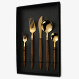 5 Pieces Gold Stainless Steel Flatware Set with Brown Wood Handle