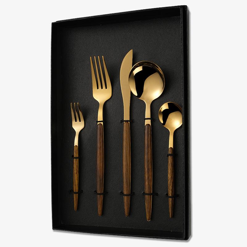 5 Pieces Gold Stainless Steel Flatware Set with Brown Wood Handle