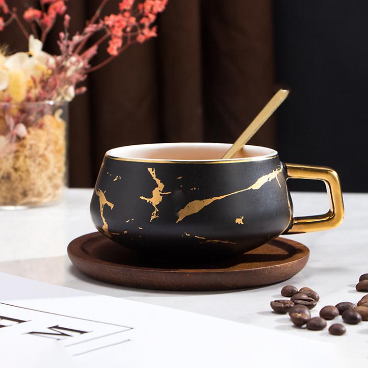 Black Gold Ceramic Teacup with Wooden Tray