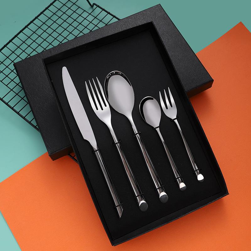 5 Pieces Silver Stainless Steel Flatware Set with Slant Handle-Placement Details