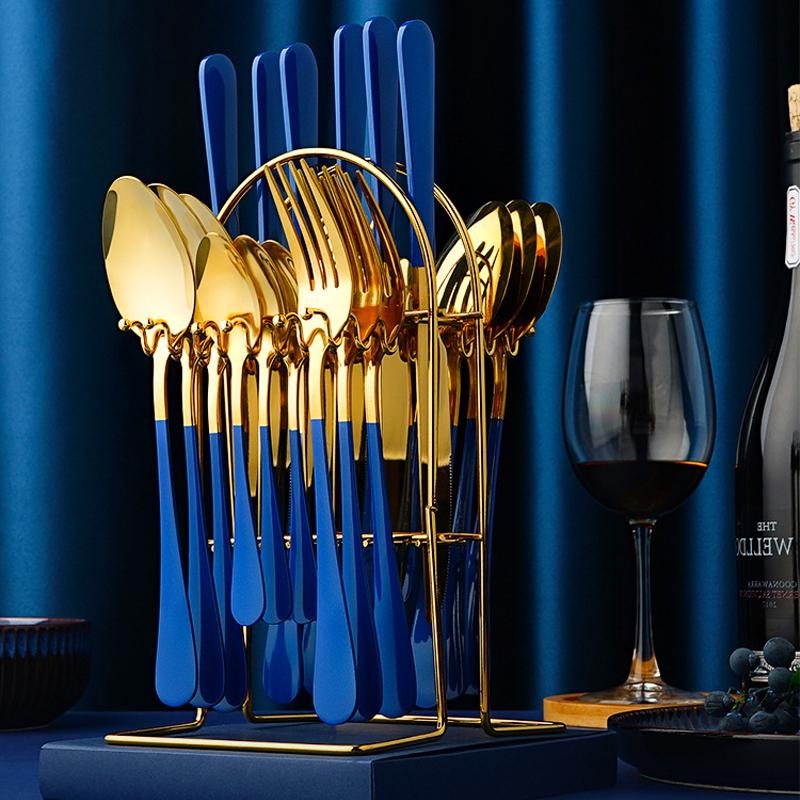 24 Pieces Blue Gold Stainless Steel Flatware Set with Painted Handle-Head and Handle Details